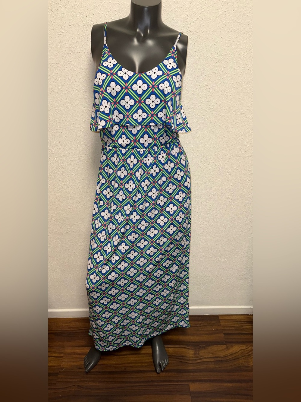 Tracy Negoshian Blue and Green Geometric Floral Maxi Dress